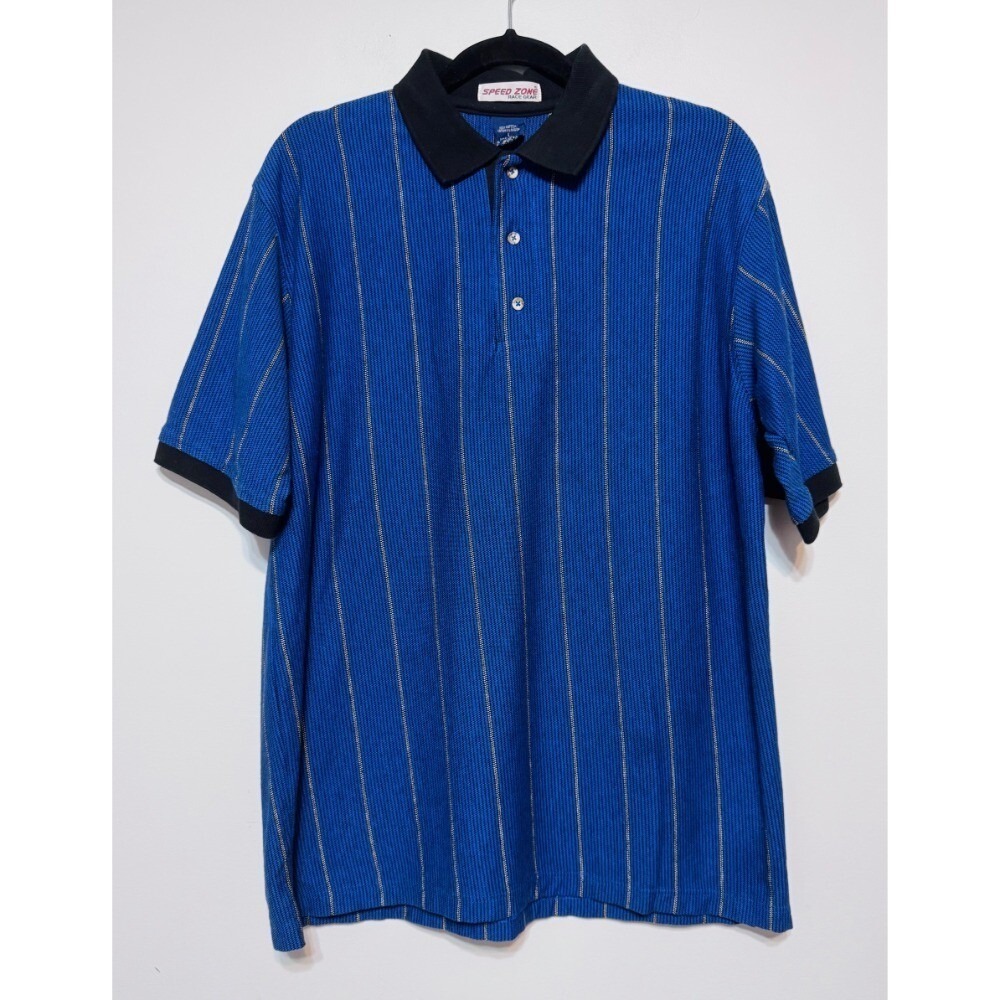 Speed Zone Vintage‎ Y2K Striped Polo Shirt Men Sz L Retro Racingcore Streetwear